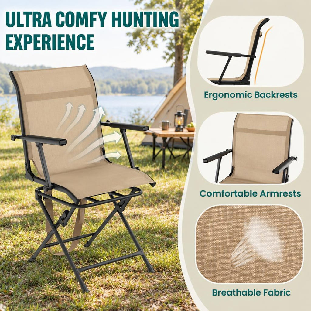 Airfind Foldable Swivel Hunting Chair with Mesh Back, Armrests and Wide Feet, 330 lbs Capacity for Ground Blind and Outdoor Use, Coffee