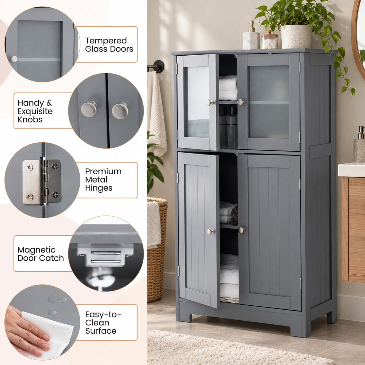Airfind Bathroom Floor Storage Locker Kitchen Cabinet with Doors and Adjustable Shelf, MDF Frame, 23 x 12 x 43 inch Footprint, Gray