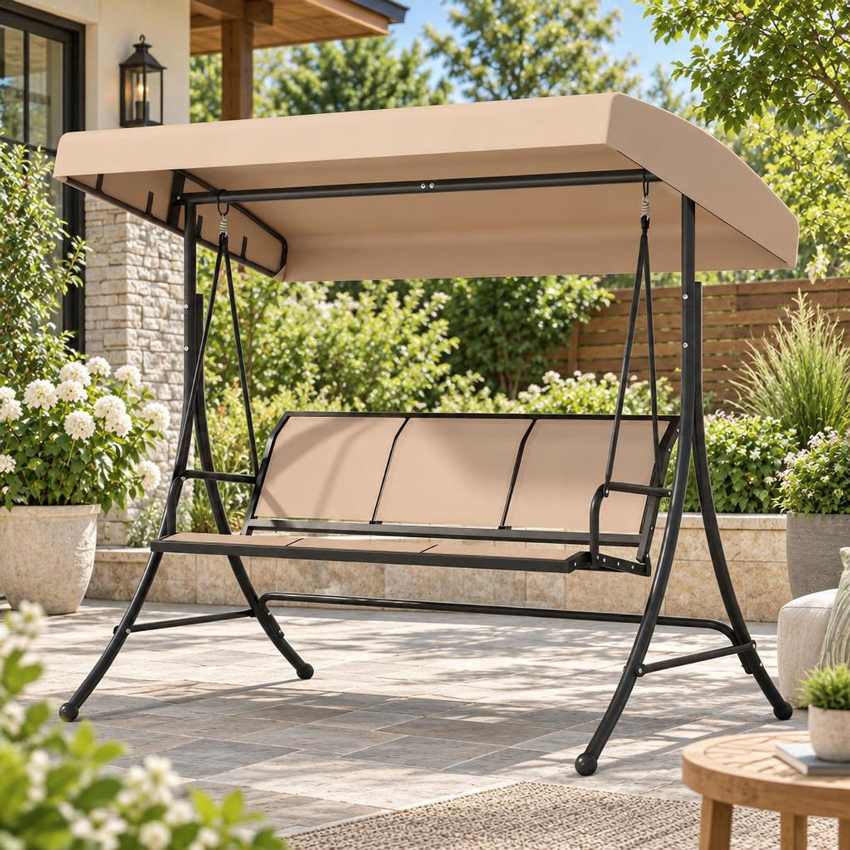 Airfind 3-Seat Patio Swing Chair with Adjustable Canopy, 800 lbs Capacity, Metal Frame, 75 Inch x 48 Inch x 67 Inch Footprint, Beige