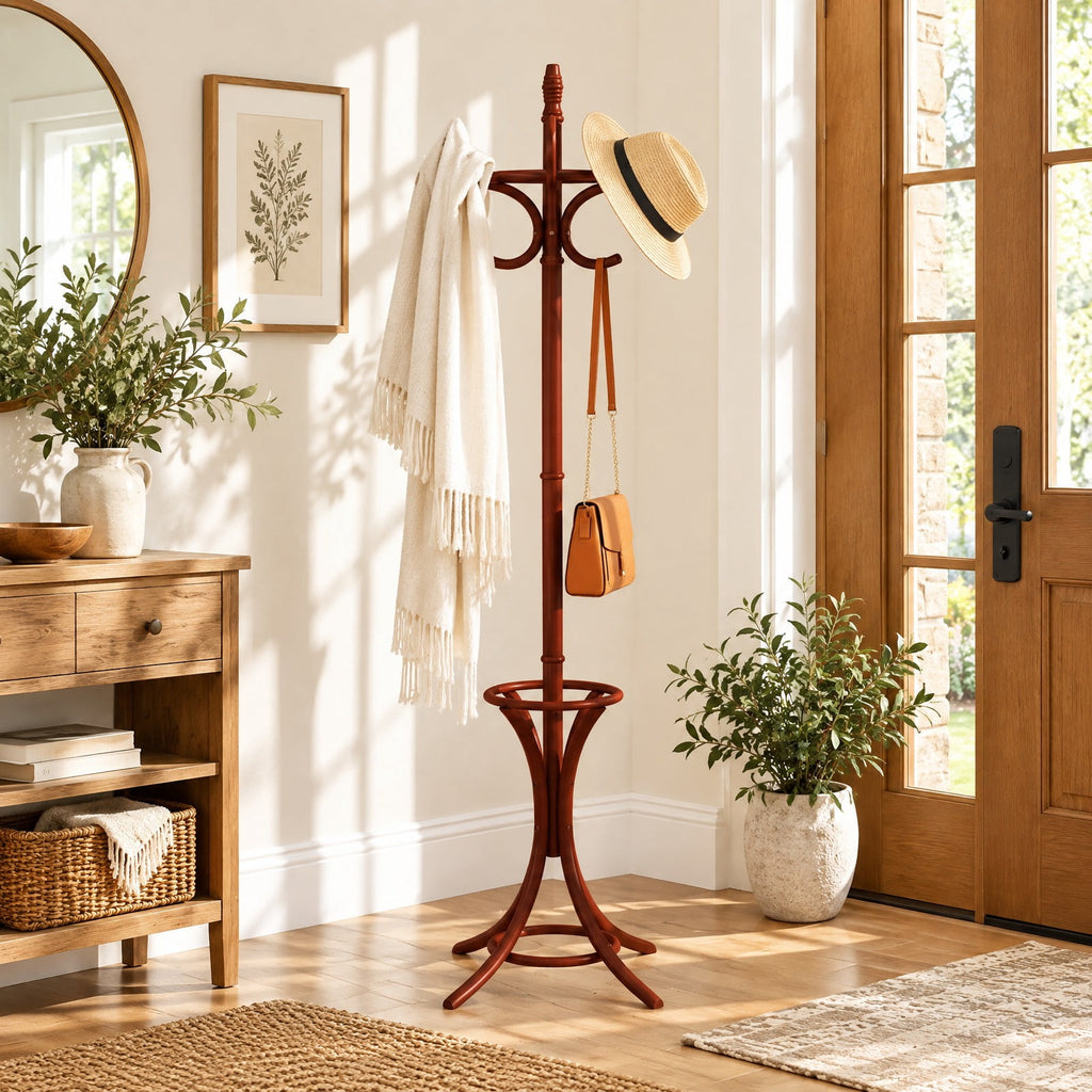 Airfind Wood Standing Hat Coat Rack with Umbrella Stand, 22 lbs Capacity, 16in x 16in x 73in Footprint, Brown