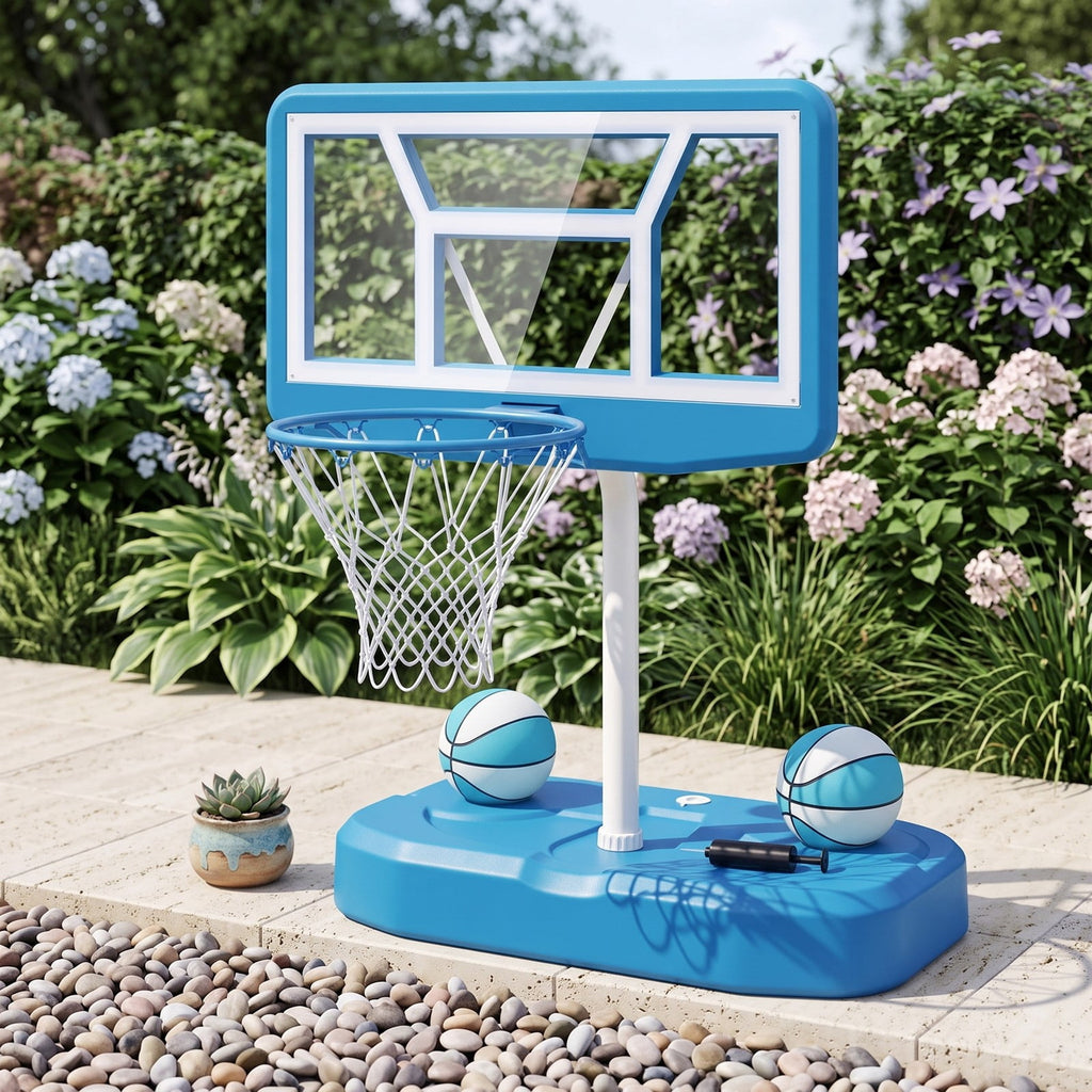 Airfind Pool Basketball Hoop Set with 2 Balls and Inflation Pump, Poolside Water Basketball Game with Weighted Fillable Base and Shatterproof Backboard for, Light Blue
