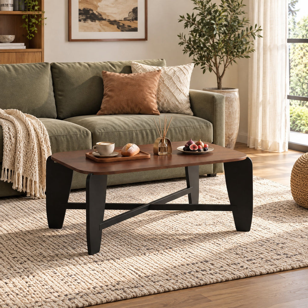 Airfind Modern Coffee Table with Rubber Wood Cross-Leg Base Rectangular Center Table, Walnut, Dimensions 35.5 x 22 x 15Ground Clear