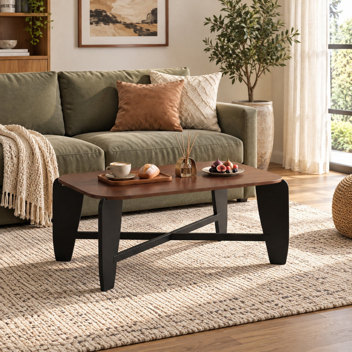 Airfind Modern Coffee Table with Rubber Wood Cross-Leg Base Rectangular Center Table, Walnut, Dimensions 35.5 x 22 x 15Ground Clear