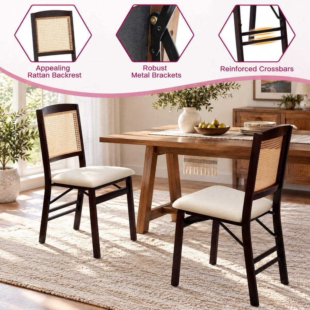 Airfind Folding Dining Chairs Set of 4 Rubber Wood Chairs with Linen Padded Seat, 400 Lbs Capacity, Rubber Wood PE Rattan Linen Fabric Sponge, Coffee