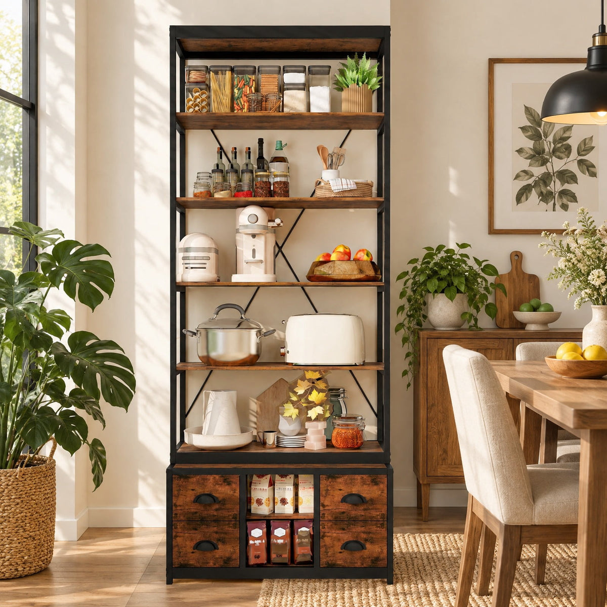 Airfind 8-tier Bookshelf with 4 Fabric Drawers and Heavy-duty Metal Frame, Coffee, Capacity of Shelf 66 lbsWeight