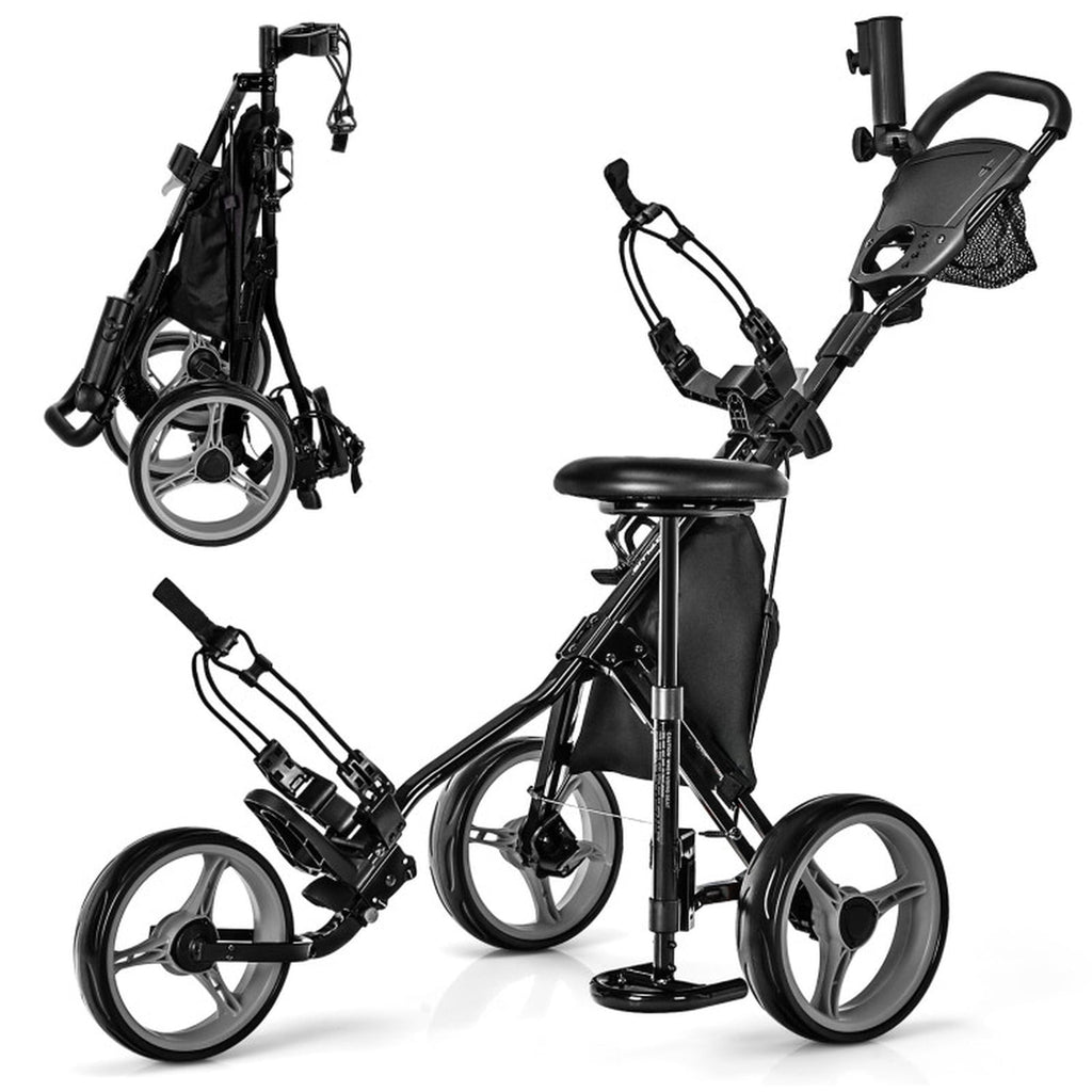 Airfind 3-Wheel Folding Push Cart with Adjustable Handle, Cushioned Seat and Quick Brake, Gray