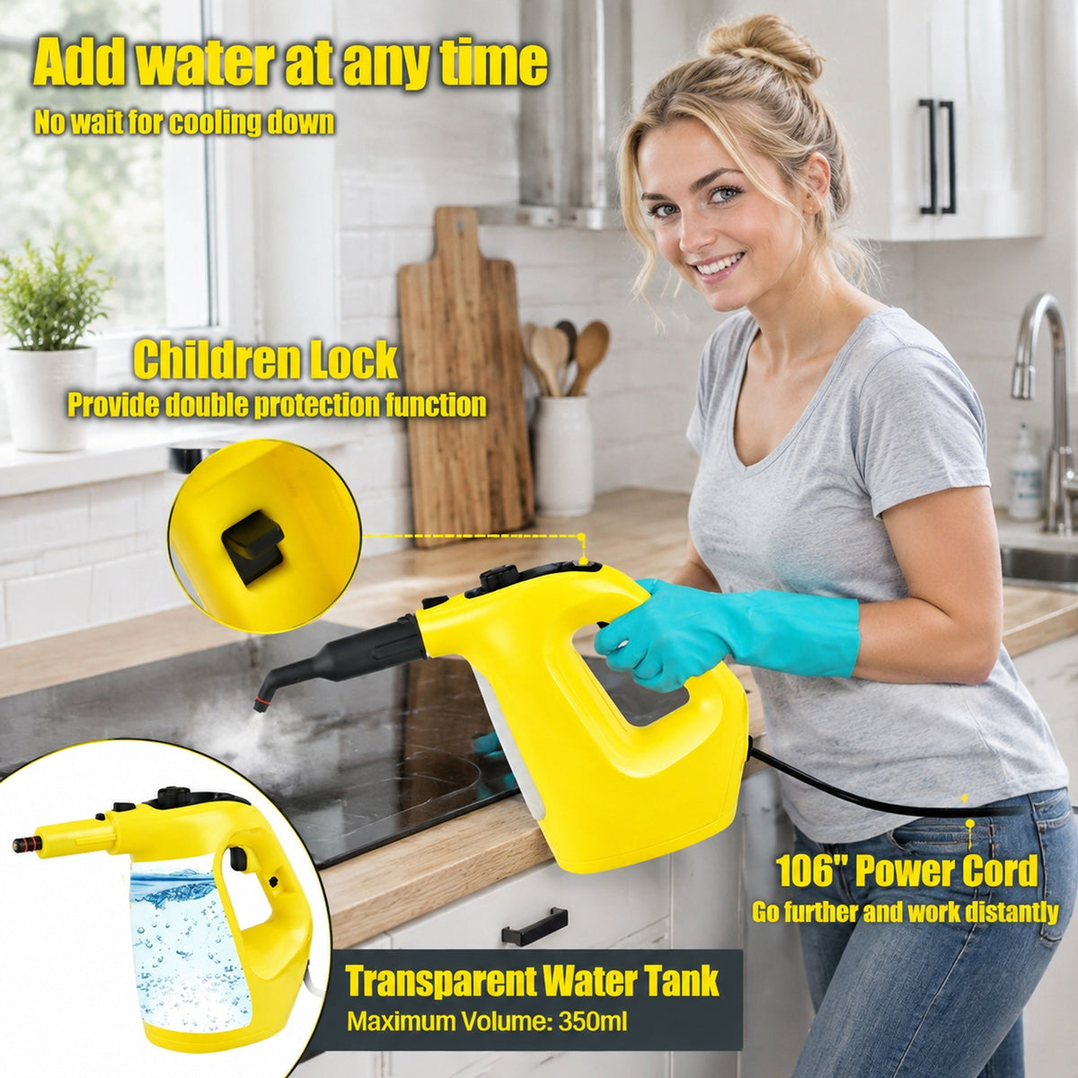 Airfind 1400W Handheld Steam Cleaner with 14-Piece Accessory Kit and Child Lock, PP Frame, 13 x 5 x 9.5 Footprint, Yellow