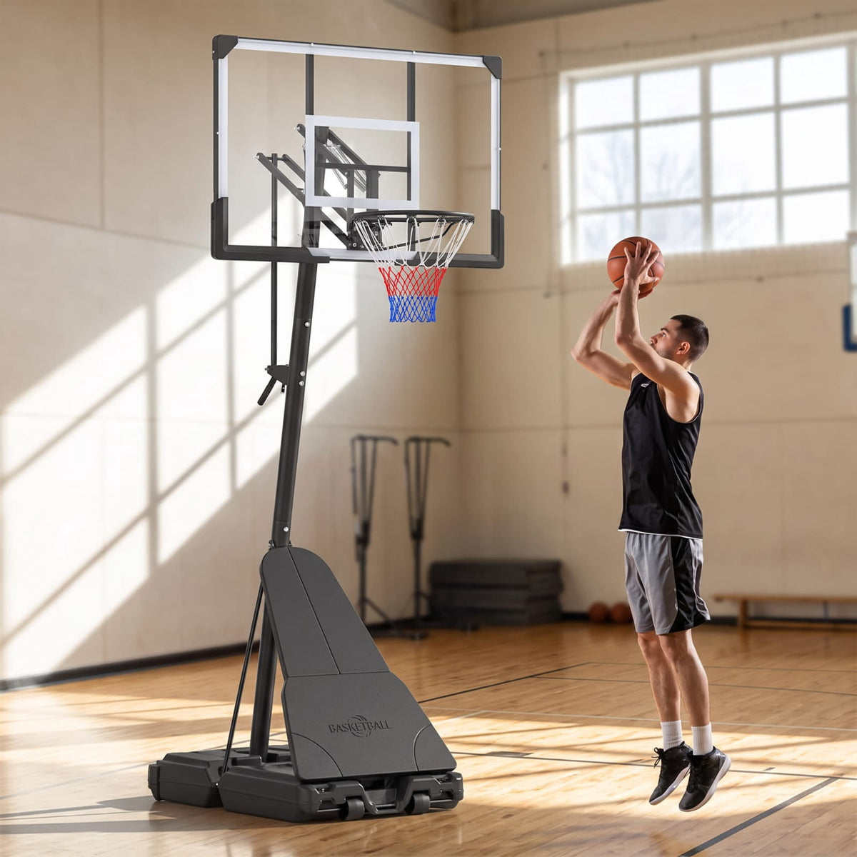 Airfind Outdoor Basketball Goal System with 8 to 10 Foot Hand Crank Adjustable Height Shatterproof Backboard and Rebounder for Backyard, Black