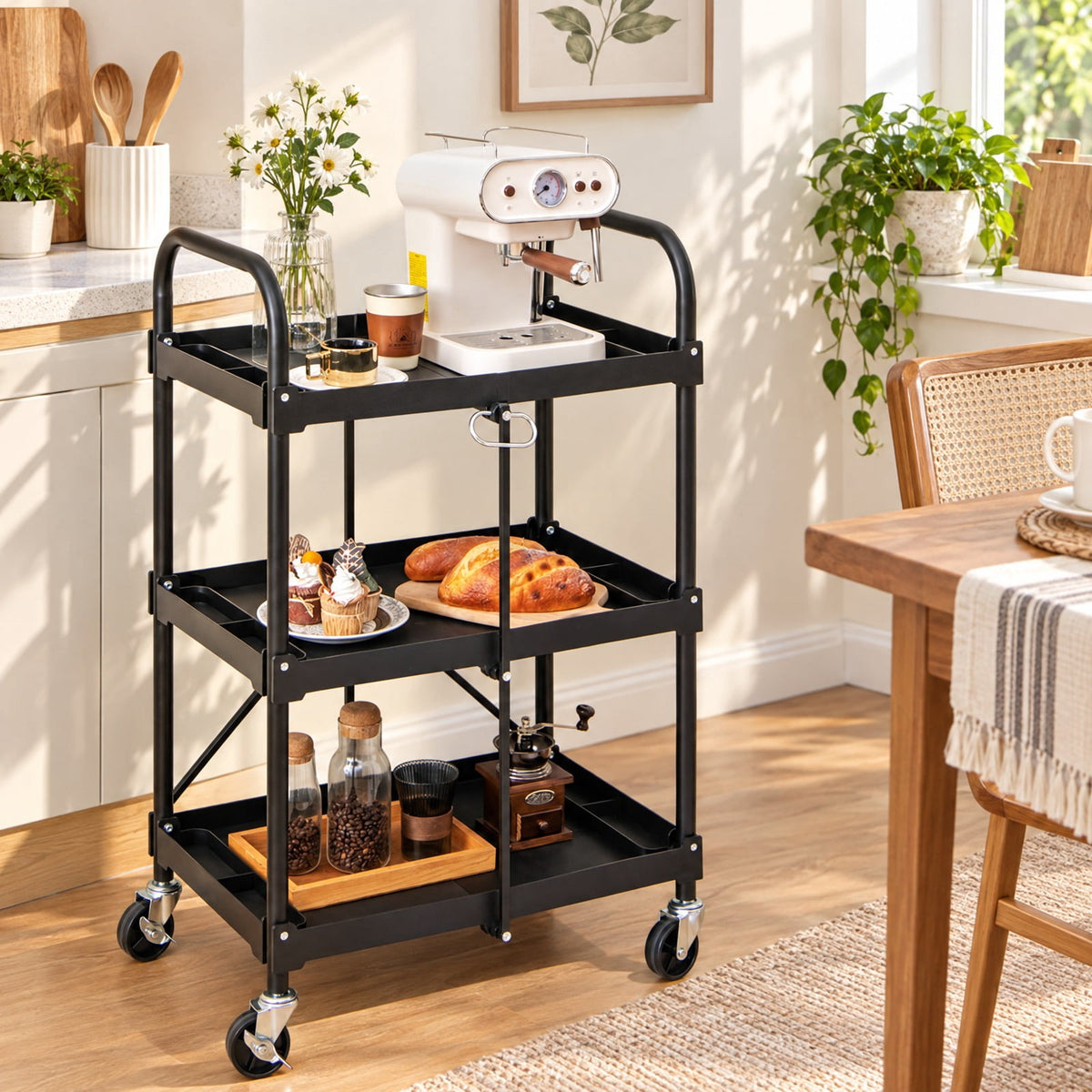 Airfind 3-Tier Folding Trolley Cart with Universal Wheels Heavy Duty for Warehouse, 33 lbs Capacity, Metal Frame, 24 x 16 x 38.5 Footprint, Black