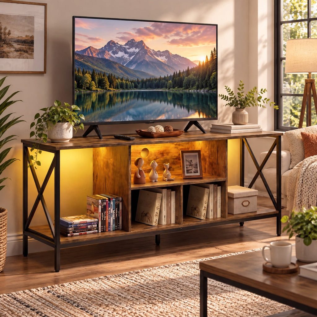 Airfind TV Stand with LED Lights for 65 Inch TV Entertainment Center with Power Outlets, 132 lbs Capacity, Metal Engineered Wood MDF Frame, Brown