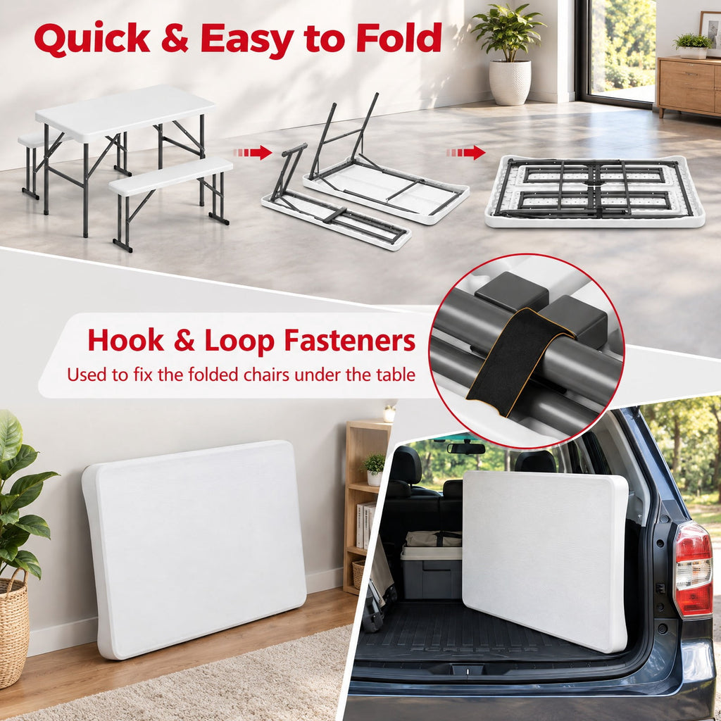 Airfind 44 Inch HDPE Folding Picnic Table Set with 2 Benches, 110 lbs Capacity, HDPE Metal Frame, 44 Inch x 24 Inch x28 Inch Footprint, White