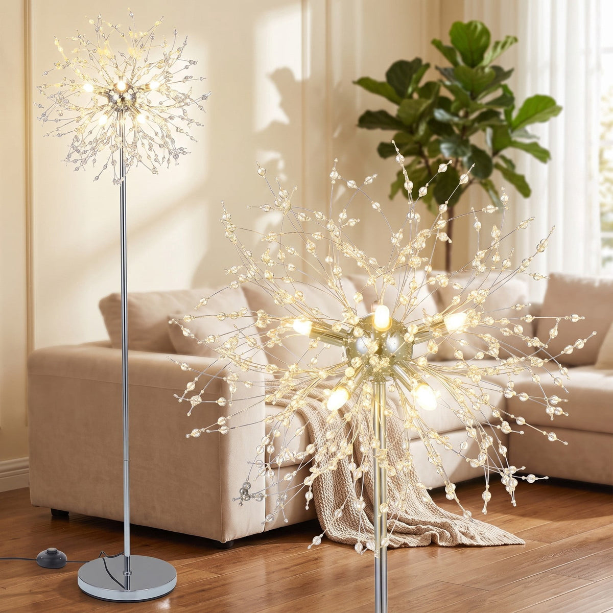 Airfind 63-Inch Crystal Floor Lamp with Acrylic Crystals, Metal Acrylic Stainless Steel Frame, 11in x 63in Cord Length 6.9 ft Footprint, Gold