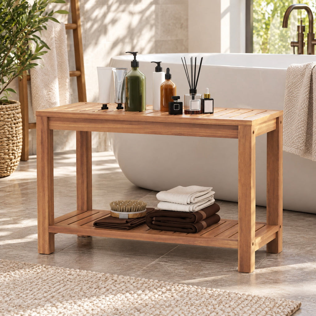 Airfind 30 Inch Teak Wood Shower Bench Inside Shower Stool with Storage Shelf, Teak Wood 19 Inches Frame, 19 x 12.5 x 17.5 Footprint, Wood