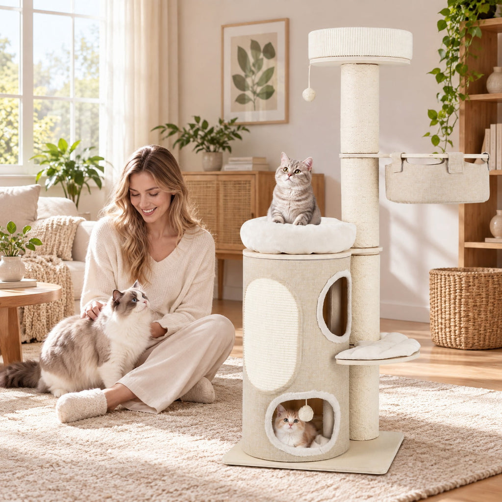 Airfind 61 Inches Cat Tree for Indoor Cats with 2-stoery Condo and Top Perch, 33 lbs Capacity, Natural
