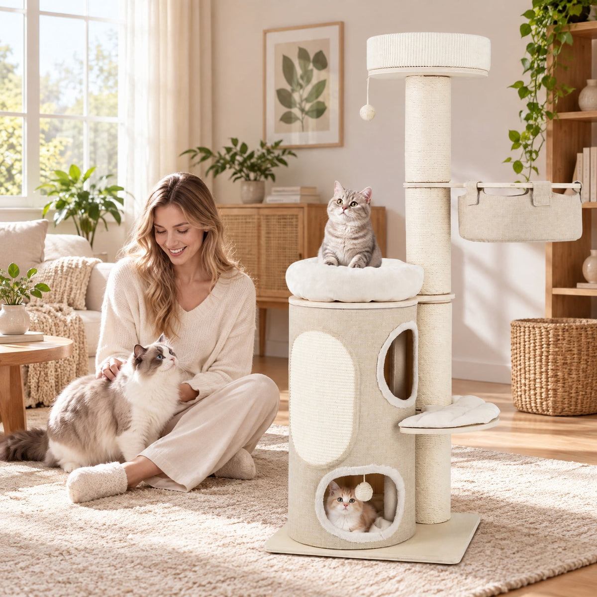 Airfind 61 Inches Cat Tree for Indoor Cats with 2-stoery Condo and Top Perch, 33 lbs Capacity, Natural
