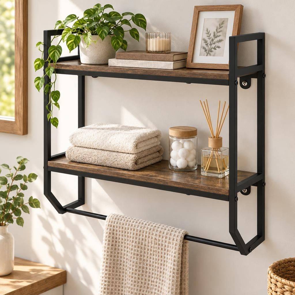 AIRFIND Bathroom Wall Shelf with Towel Bar, 2-Tier Over-Toilet Storage Rack with Metal Frame and 22 in Hanging Rail, 23 in Wide, Gray