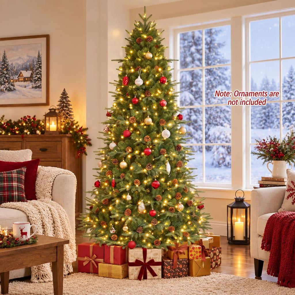 Airfind 7.5 ft Pre-Lit Artificial Christmas Tree with 540 Warm White LED Lights, 71 Pine Cones, 1125 Branch Tips and Folding Metal Stand, Green