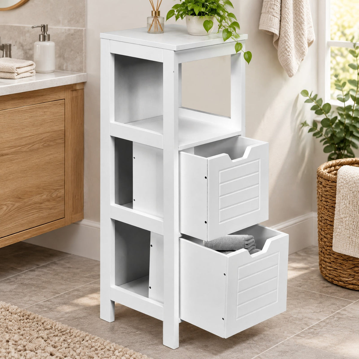 Airfind Floor Cabinet Multifunction Storage Rack Stand Organizer, 11 lbs Capacity, P2 MDF NC paint, 12 x 12 x 35, White