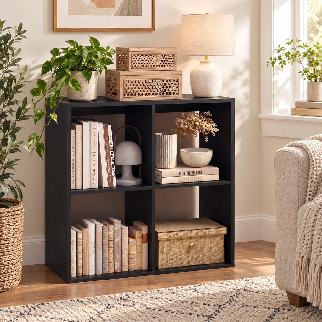 Airfind 4 Cube Bookshelf with Back Guardrail for Living Room Bedroom, 100 lbs Capacity, Engineered Wood Frame, 27.5 x 13 x 27.5 Footprint, Black