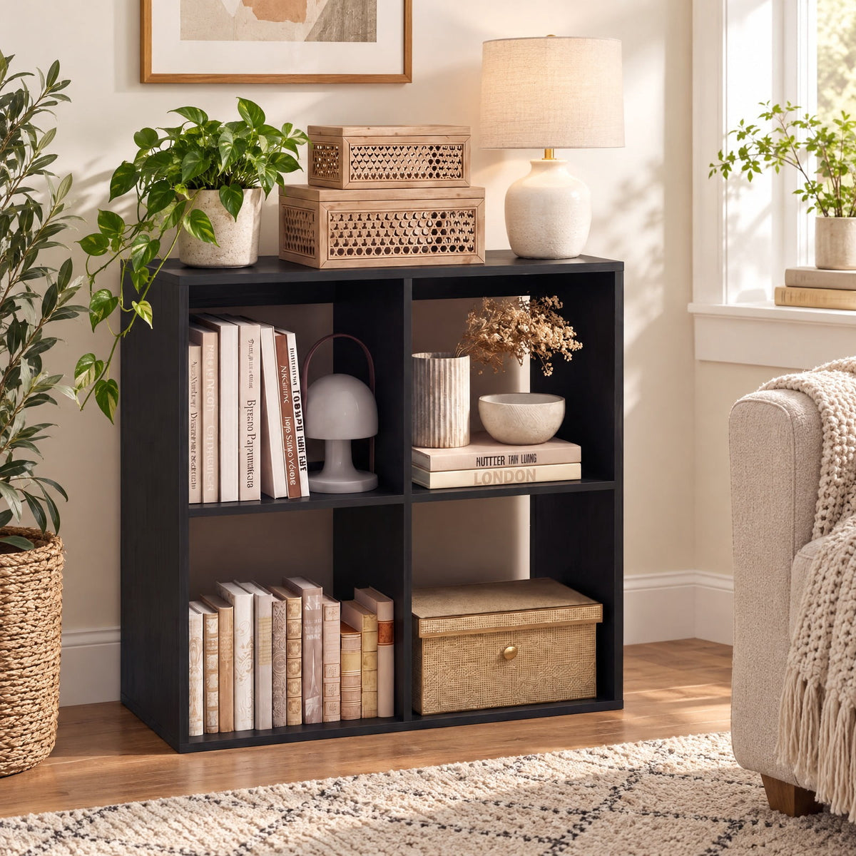 Airfind 4 Cube Bookshelf with Back Guardrail for Living Room Bedroom, 100 lbs Capacity, Engineered Wood Frame, 27.5 x 13 x 27.5 Footprint, Black