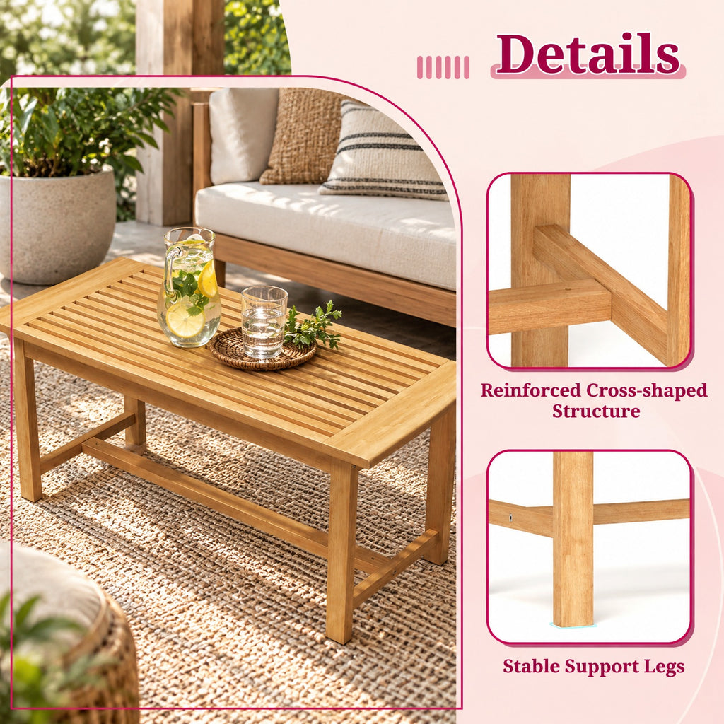 Airfind Patio Coffee Table 36 Inch Rectangular Outside Side Table with Slatted Tabletop, 145 lbs Capacity, Teak Wood Frame, Coffee