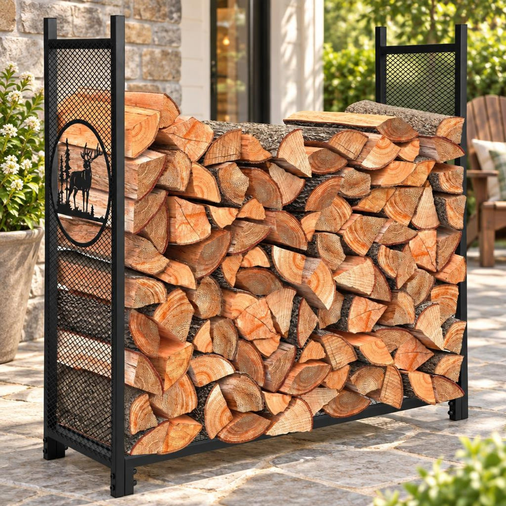 Airfind 4 Feet Firewood Rack Stand with Mesh Sides, 300 lbs Capacity, Metal Frame, 48 x 15 x 46 Footprint, Black