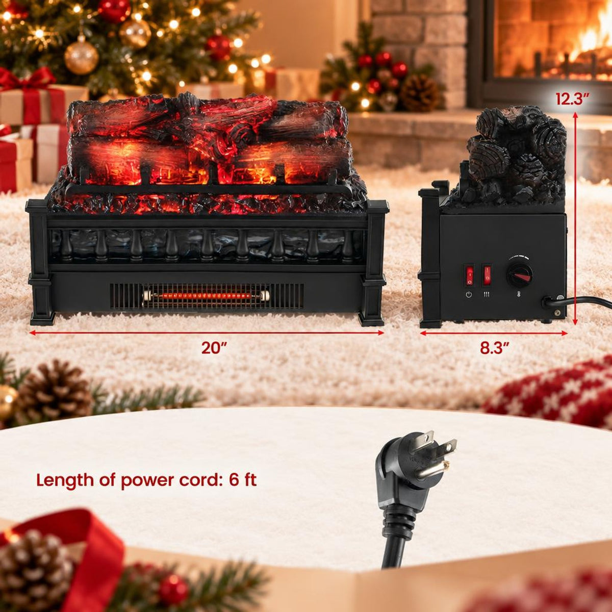 Airfind 20 Inch Electric Fireplace Heater with Realistic Pinewood Ember Bed, Black, Easy to operate with functional control panel
