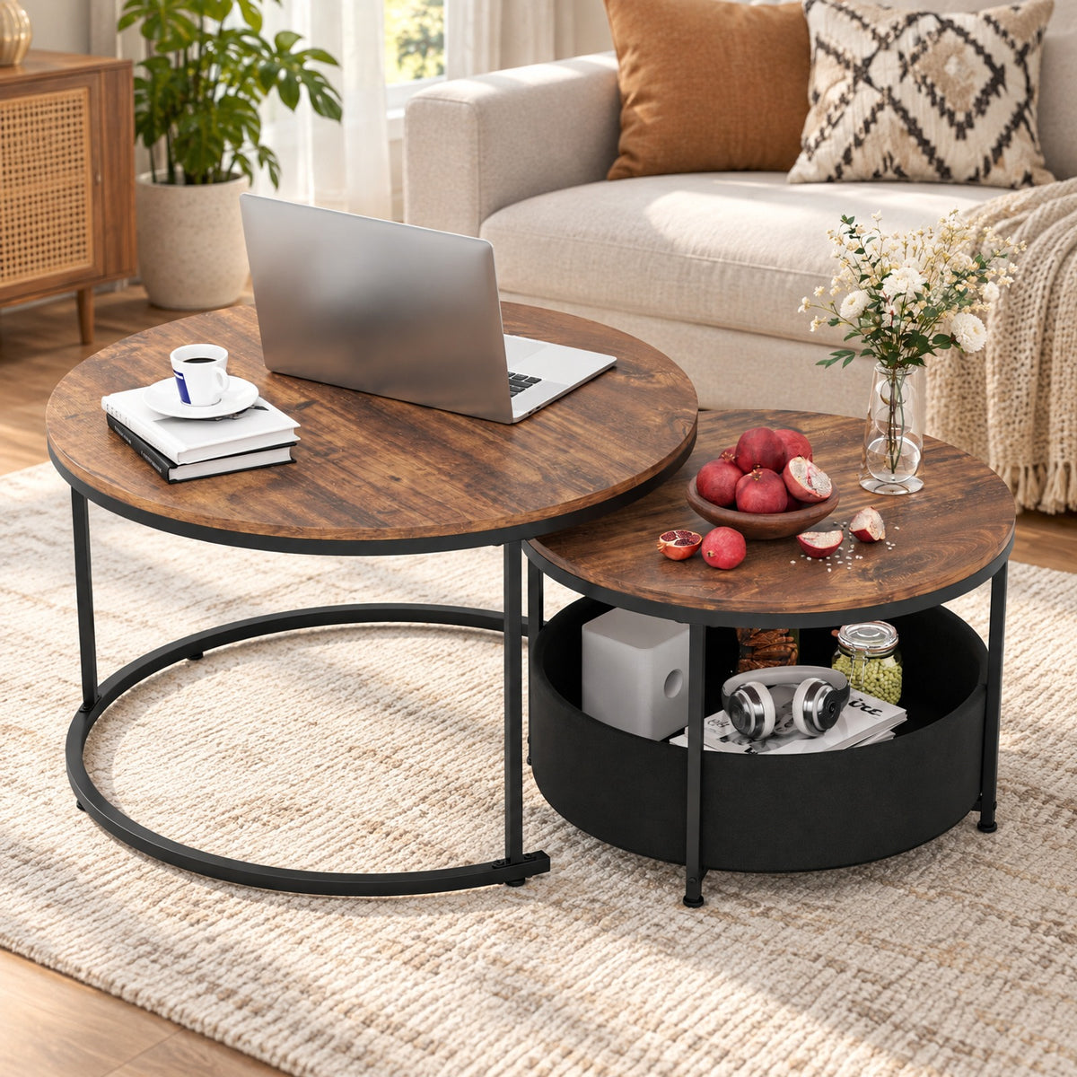 Airfind Round Coffee Table Set of 2 31.5 and 24 Circle Cocktail Table with Fabric Storage Basket, 110 lbs Capacity, 31.5 x 19 Footprint, Gray