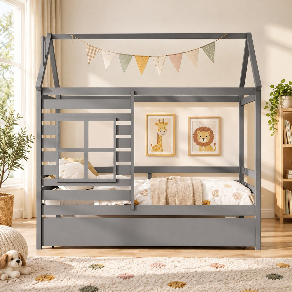 Airfind Twin Size Wooden Platform House Bed with Trundle and Roof, 250 lbs Capacity, Solid Wood Plywood Slats Engineered Wood Frame, Grey