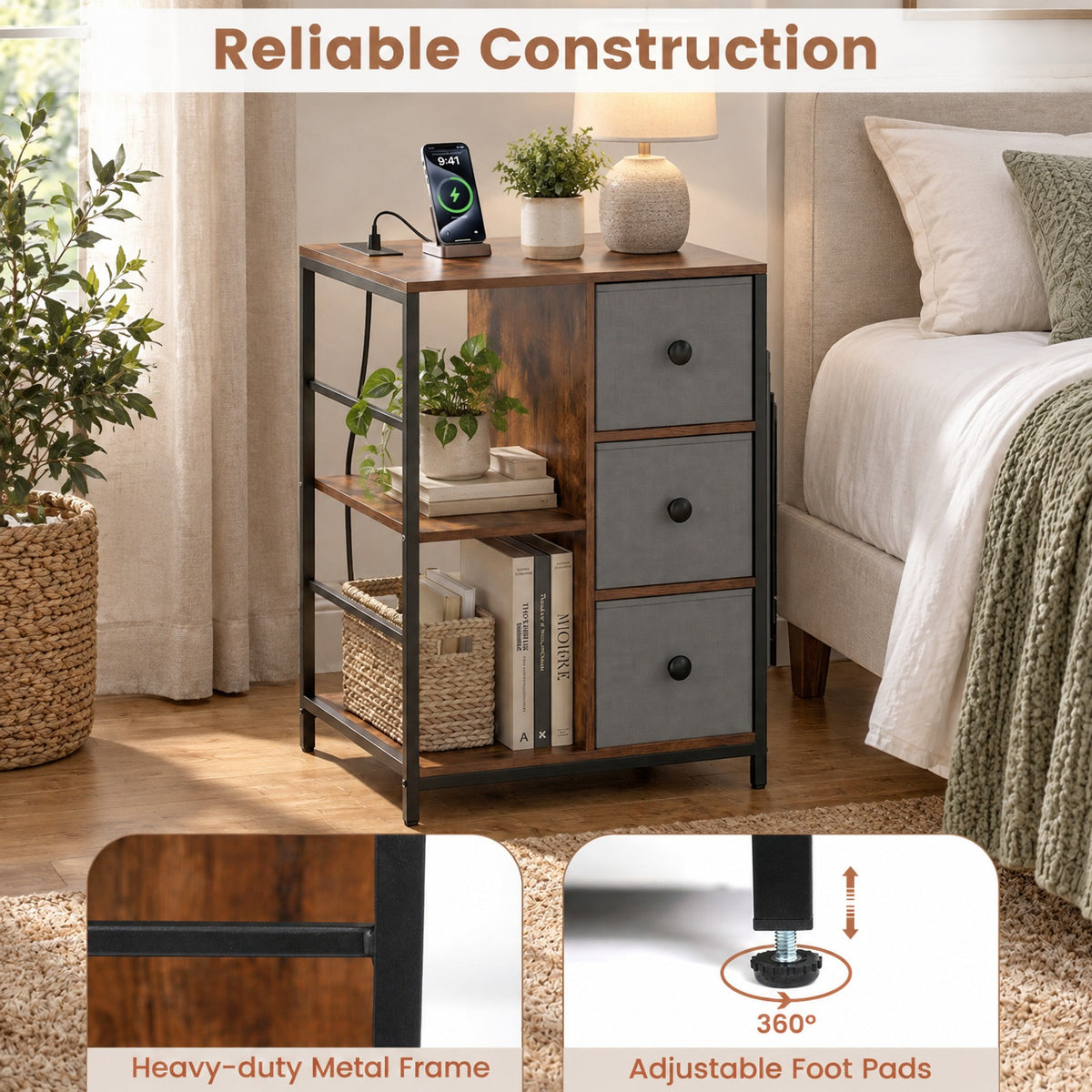 Airfind Side Table with Charging Station Industrial Nightstand with Open Shelves, 18 x 16 x 25Inner Footprint, Brown