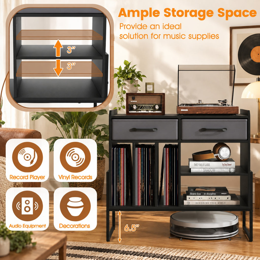 Airfind Large Record Player Stand with Charging Station Mid Century Modern Vinyl Storage Cabinet, 209 lbs Capacity, 30in x 14in x 27in Inside Footprint