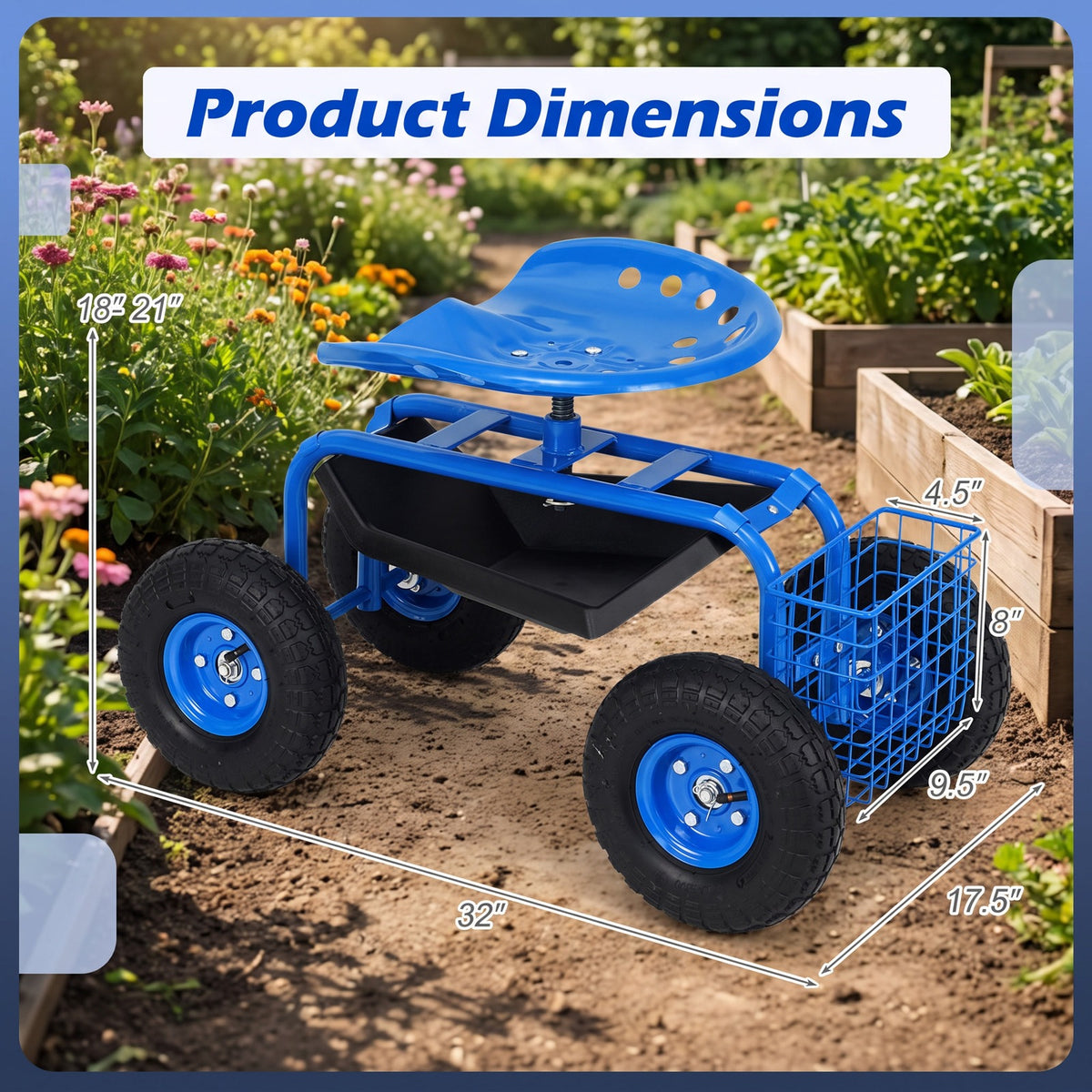 Airfind Garden Cart with Heavy Duty Tool Tray, 33 x 16 x 22 Footprint, Blue, Height adjustable and 360 degrees of rotation