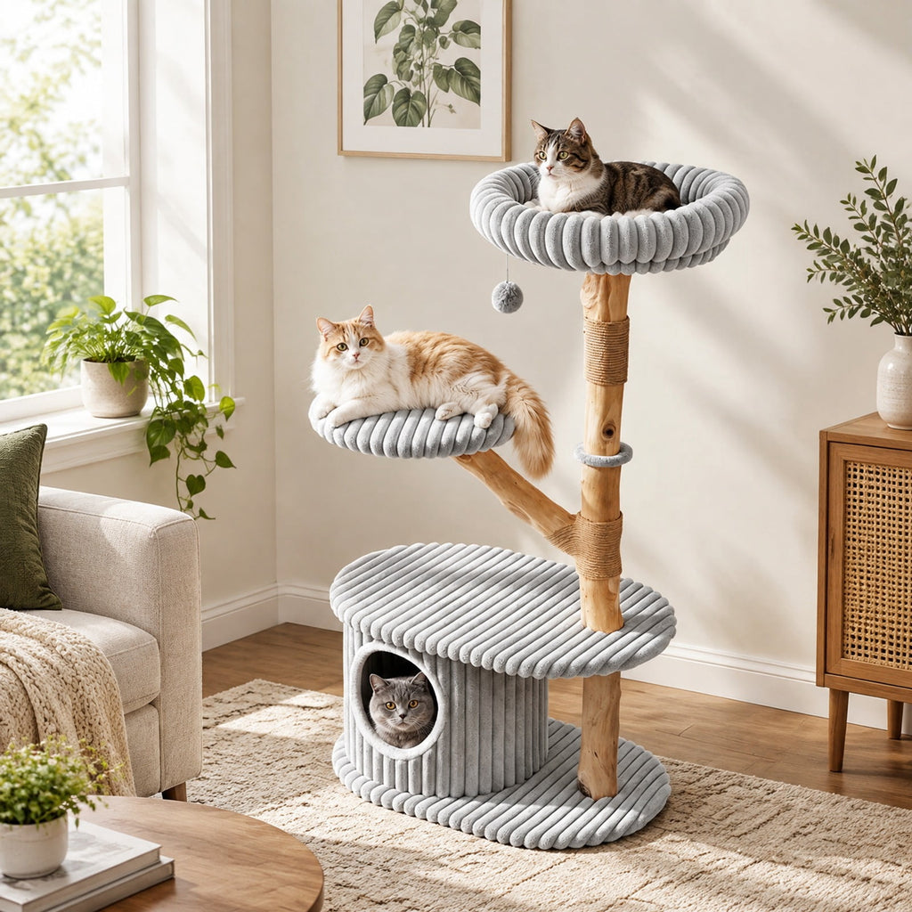 Airfind 41 Inch Tall Modern Cat Tower with Real Wood Branches Scratching Posts for Indoor, Gray, a distinctive shape and rich wood grain