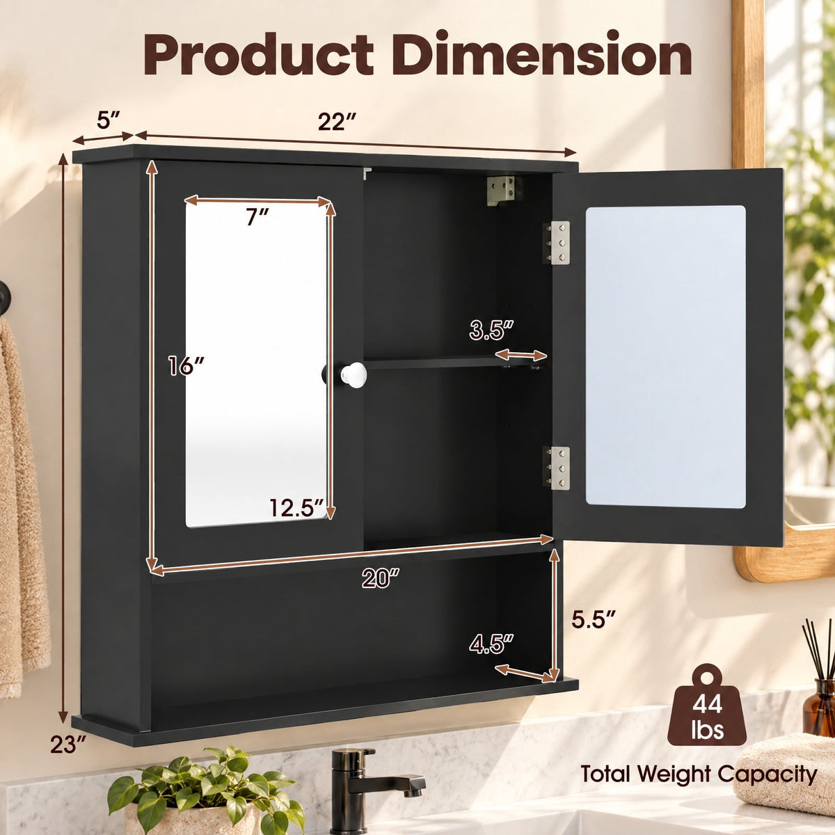 Airfind Double Door Wall-Mounted Bathroom Mirror Cabinet with Storage Shelf, 44 lbs Capacity, Engineered Wood Frame, 20in x 3.5in x 16in Footprint