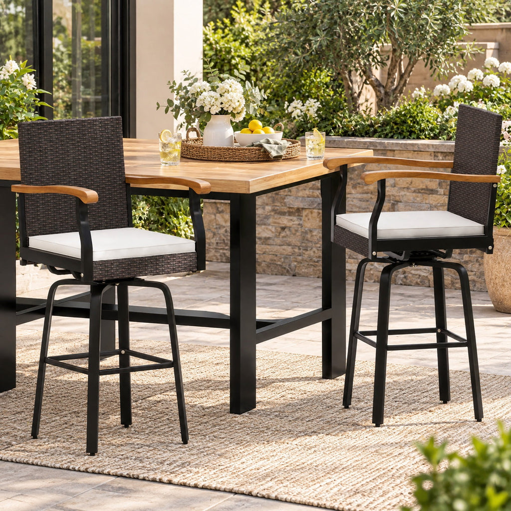 Airfind One Outdoor 360° Swivel Bar Stool with Cushion and Acacia Wood Armrests, 400 lbs Capacity, Wood
