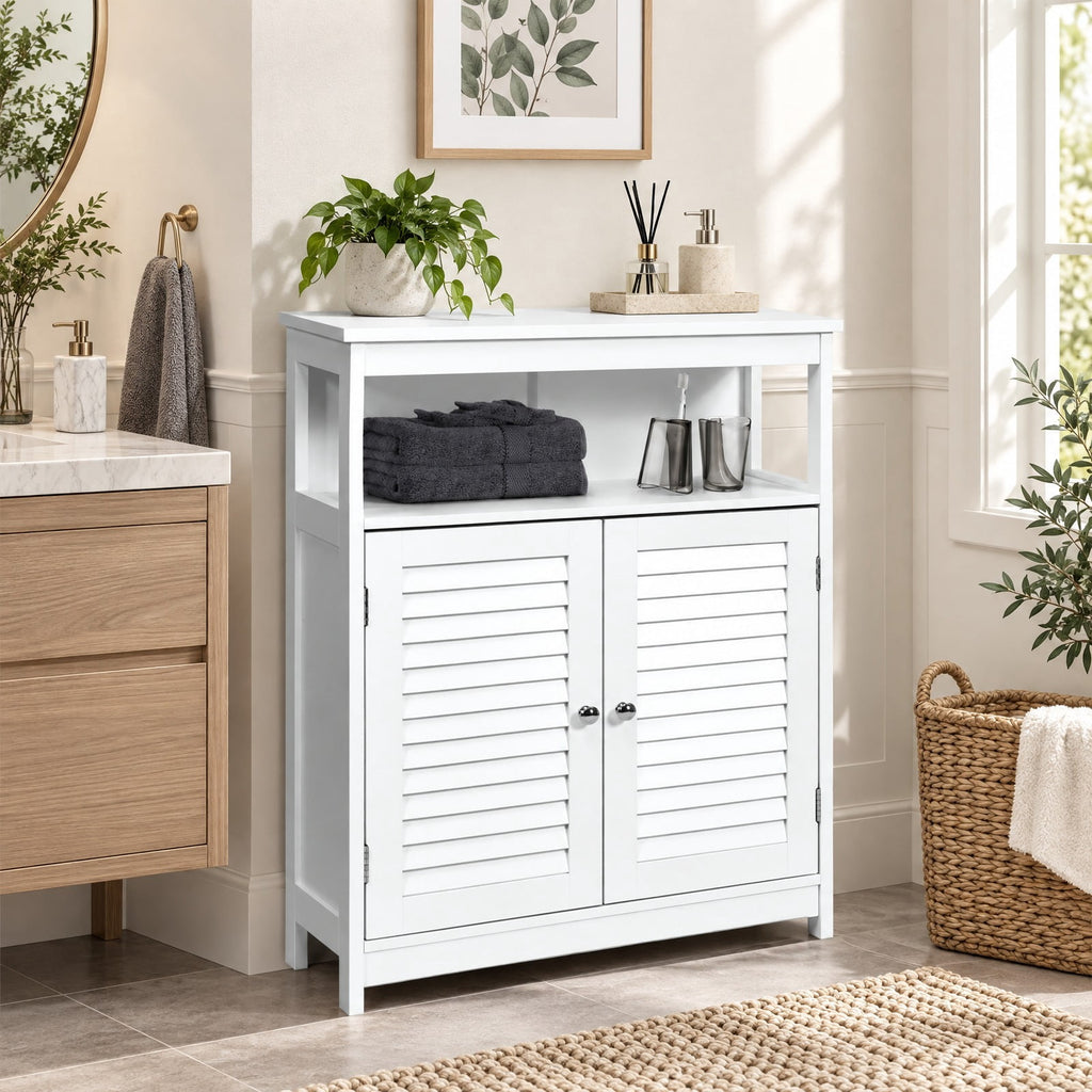 Airfind Wood Freestanding Bathroom Storage Cabinet with Double Shutter Door, 77 lbs Capacity, P2 MDF Frame, 23.5in x 12in x 31.5in Footprint, White