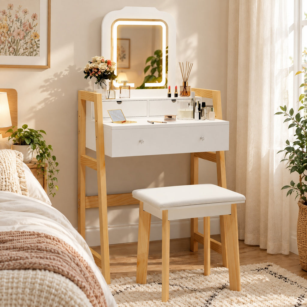 Airfind Adjustable Height Vanity Desk Set with 3-Color LED Lighted Mirror and Drawers, 110 lbs Capacity, P2 MDF Frame, 25in x 15.5in x 54in Footprint