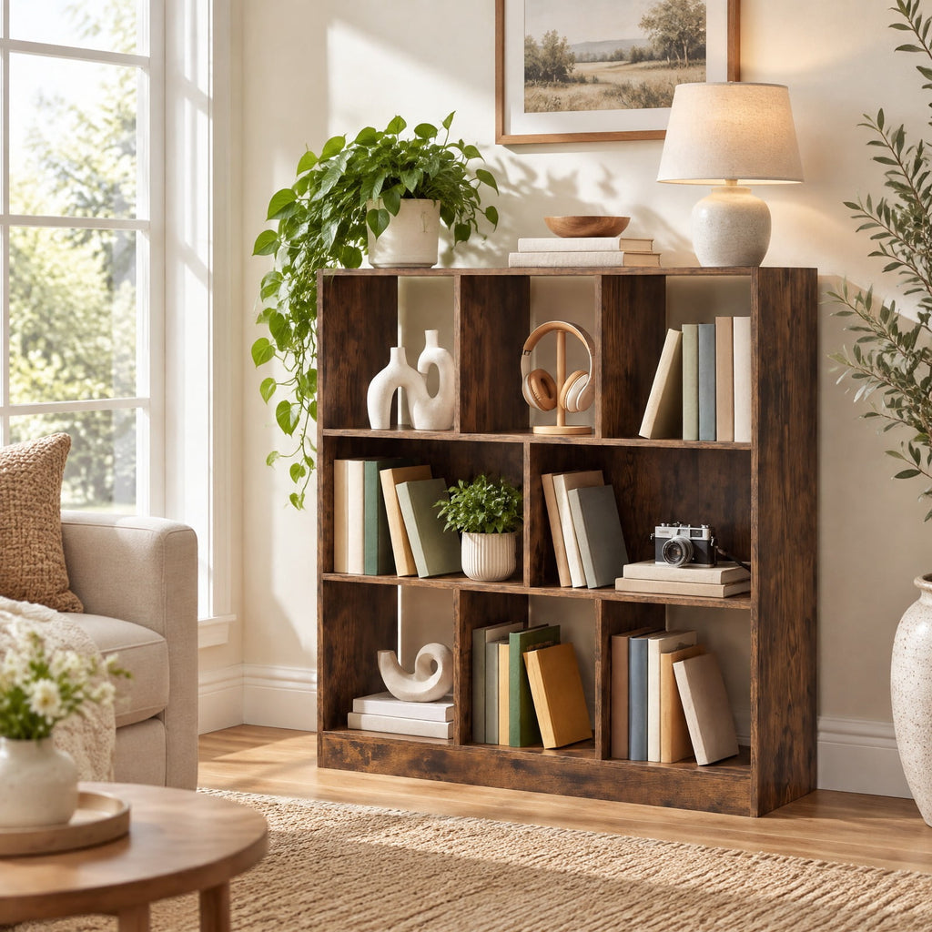 Airfind 8-Cube Bookcase 3-Tier with 2-Sized Compartments and Anti-Tip Kits for Living Room, 88 lbs Capacity, 35.5 x 11 x 39.5 Footprint, Brown