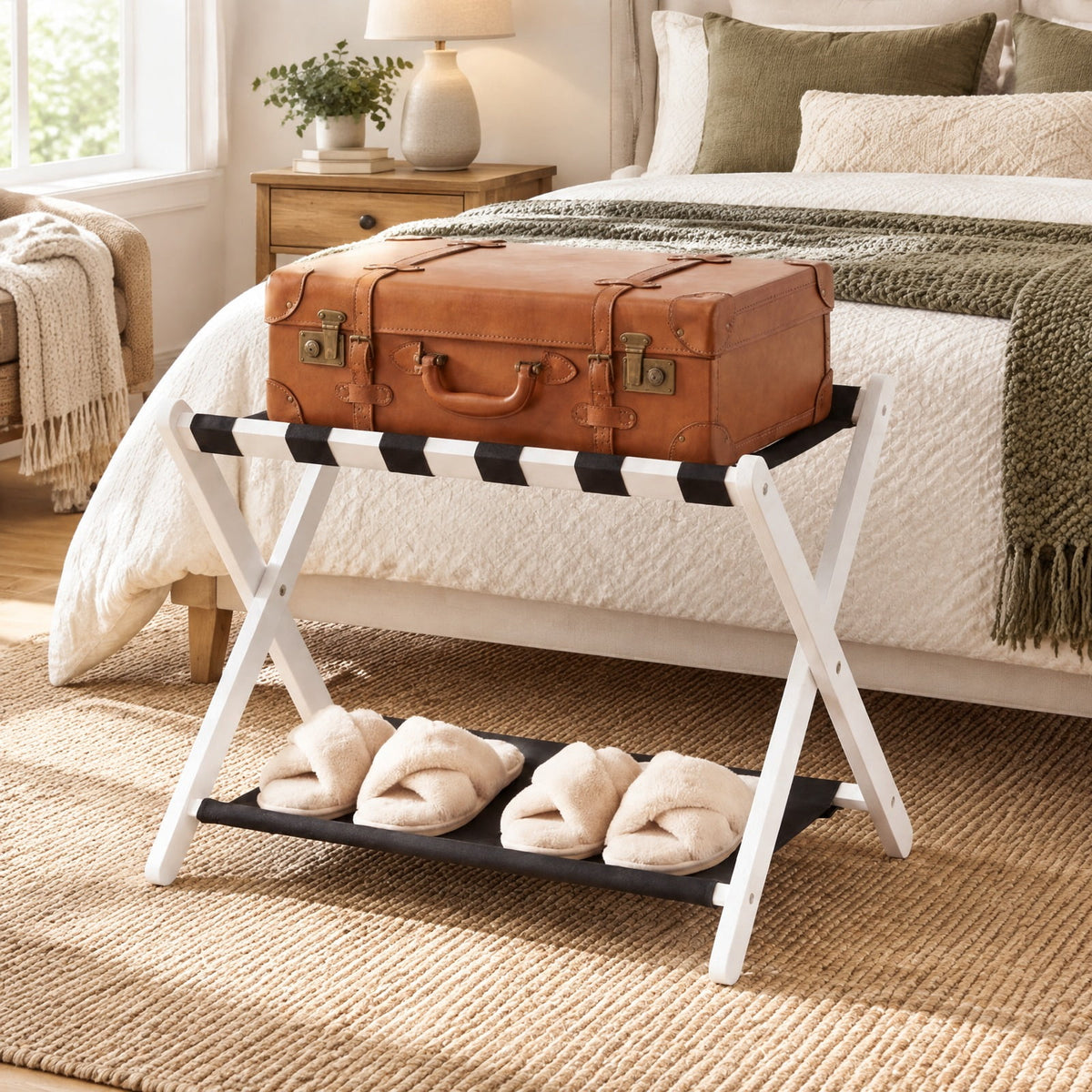 Airfind Solid Rubberwood Folding Luggage Rack with Nylon Shelves, 110 lbs Capacity, Rubberwood Nylon Frame, 26.5 x 18 x 20.5 Footprint, White