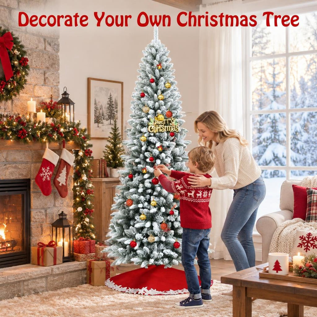 Airfind Snow-Flocked Hinged Artificial Christmas Pencil Tree with Mixed Tips-7.5 ft, White, Number of tips 373 829 1189
