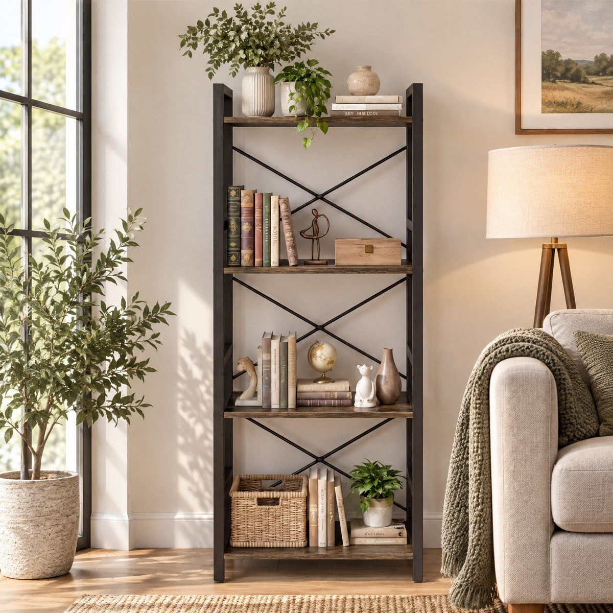 Airfind 4-Tier Bookshelf Narrow Freestanding Display Shelf with Metal Frame, 132 lbs Capacity, Engineered Wood Metal Frame, Rustic Brown + Black