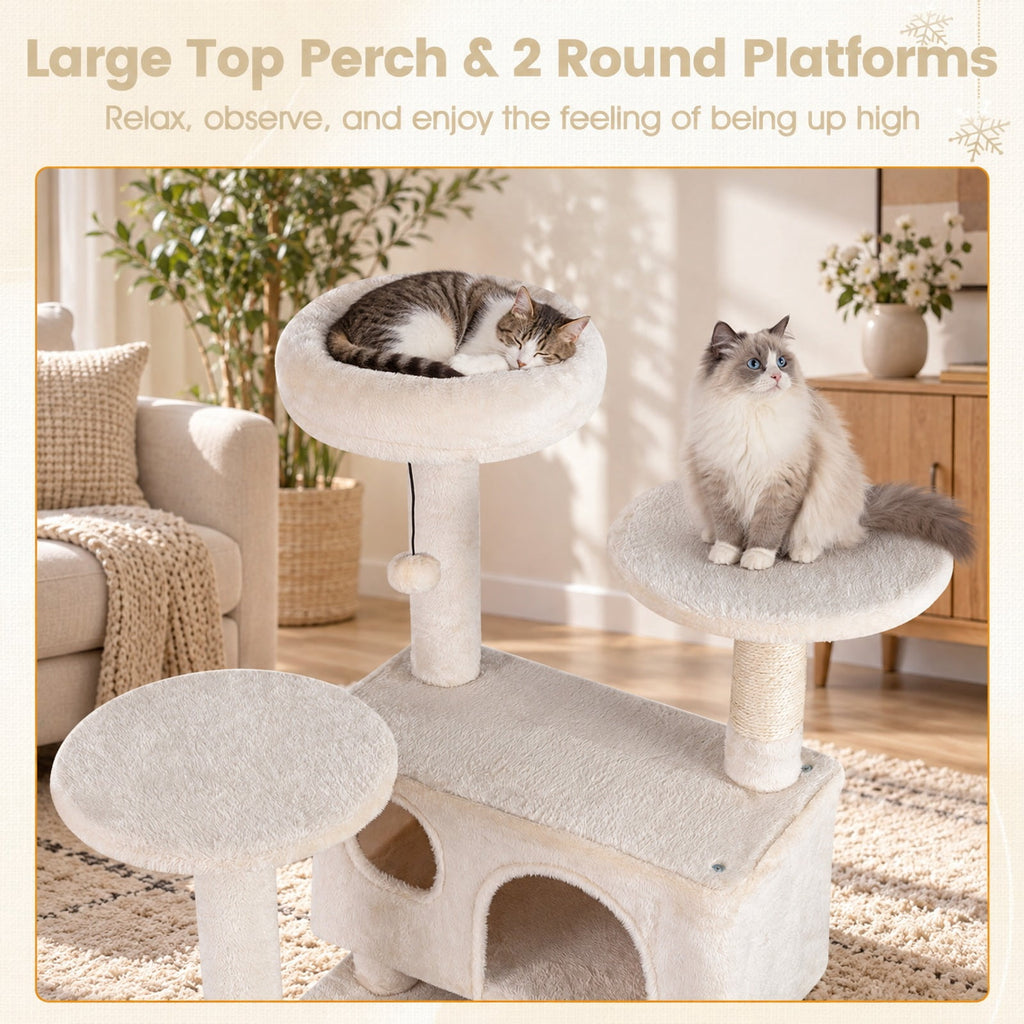 Airfind 52 Inch Tall Cat Tree Tower for Indoor Cats, 22 lbs Capacity, Engineered Wood Sponge Plush Fabric Sisal Frame, Beige