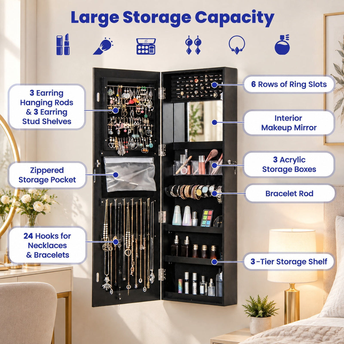 Airfind Mirrored Jewelry Armoire featuring Full Length Mirror and 2 Internal LED Lights, MDF Frame, 15.5 Inch x 5 Inch x 47 Inch (L x W x H) Hook Footprint, Black