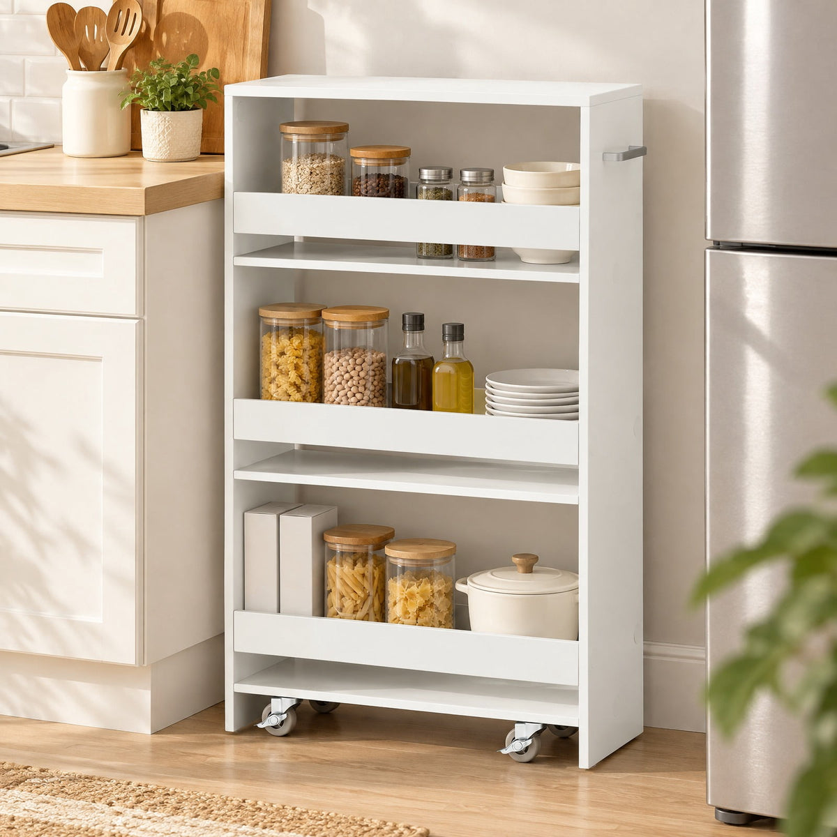 Airfind 4-Tier Rolling Storage Cart Slim Kitchen Cart on Wheels with Open Shelves and Handle, 15 lbs Capacity, Engineered Wood Metal Frame, White