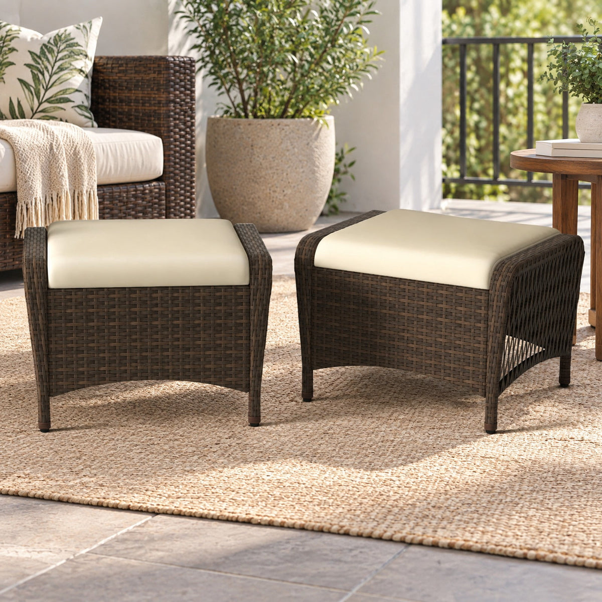 Airfind Set of 2 Outdoor Patio PE Wicker Ottomans with Removable Cushions, Ottoman 400 lbs Capacity, PE Rattan Metal Polyester Sponge Frame, Beige