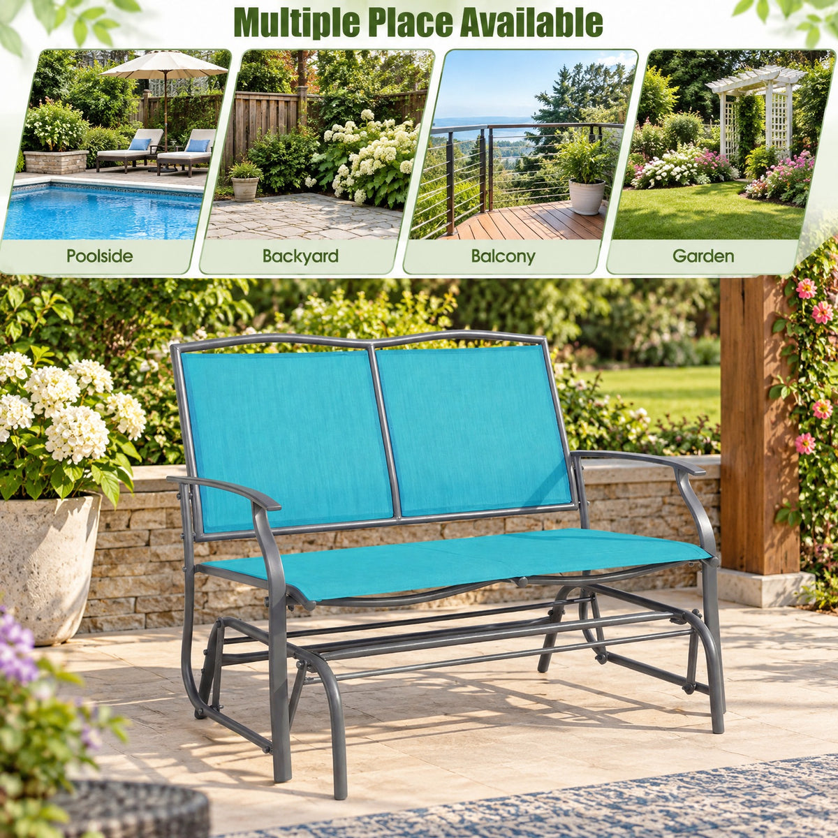 Airfind Iron Patio Glider Loveseat for Outdoor Backyard, 396 lbs Capacity, Steel and textilene Frame, 41.3 x 28.1 x 36.6 Footprint, Turquoise
