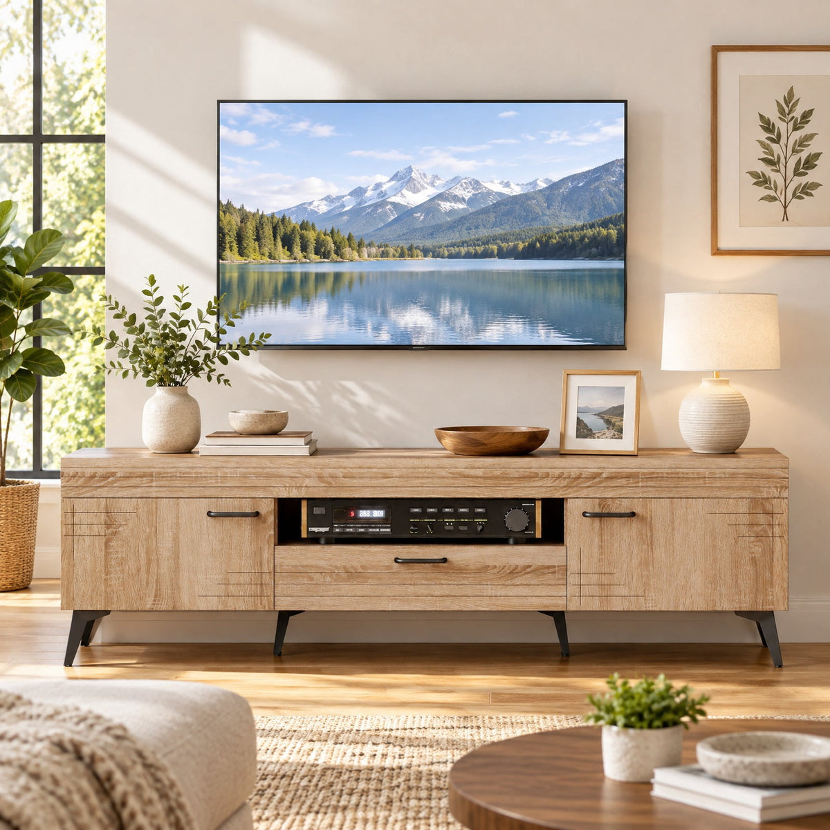 Airfind TV Stand with 2 Cabinets and Storage Drawer for 65 Inches TVs, 180 lbs Capacity, Metal Engineered Wood Frame, 59 x 15 x 17 Footprint, Oak