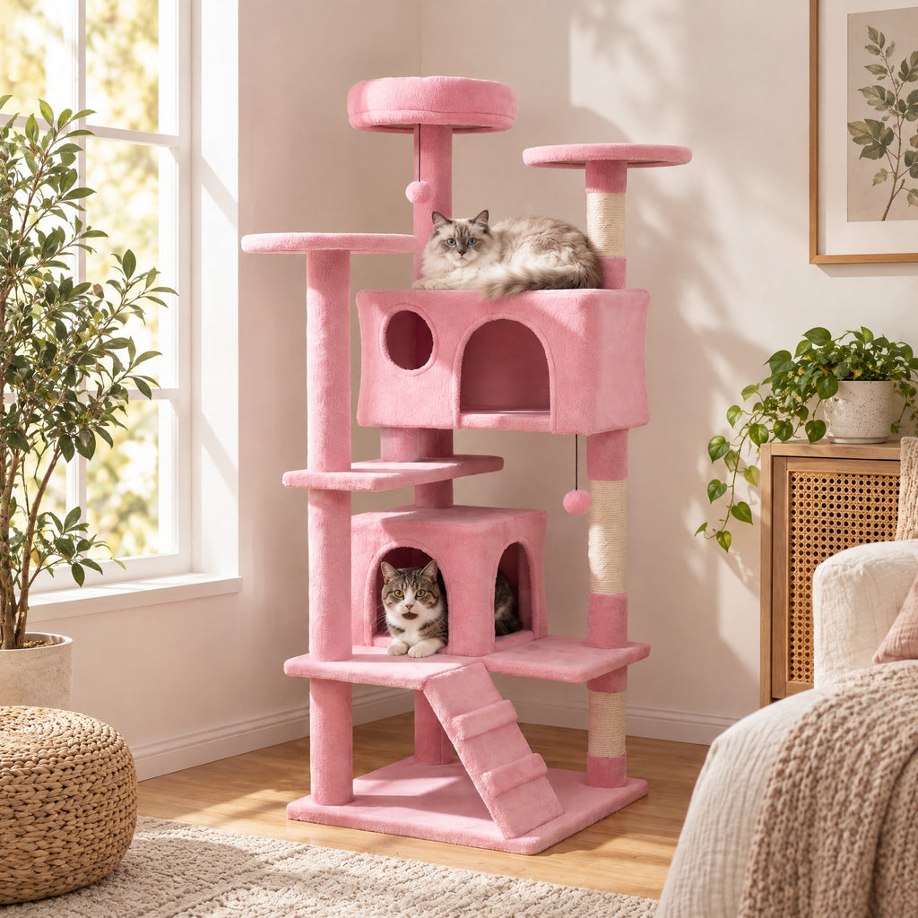 Airfind 52 Inch Tall Cat Tree Tower for Indoor Cats, 22 lbs Capacity, Engineered Wood Sponge Plush Fabric Sisal Frame, Beige