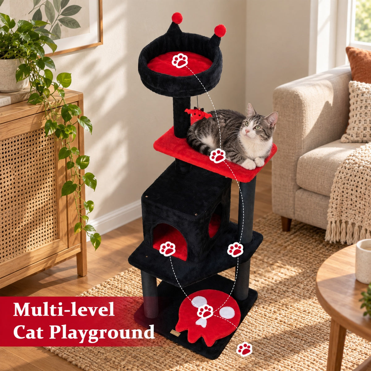 Airfind 57 Inch Spooky Cat Tower with Padded Perch and Spider-shaped Hanging Toy, 22 Lbs Capacity, Ghost-shaped Platform Adds a Playful Touch, Red