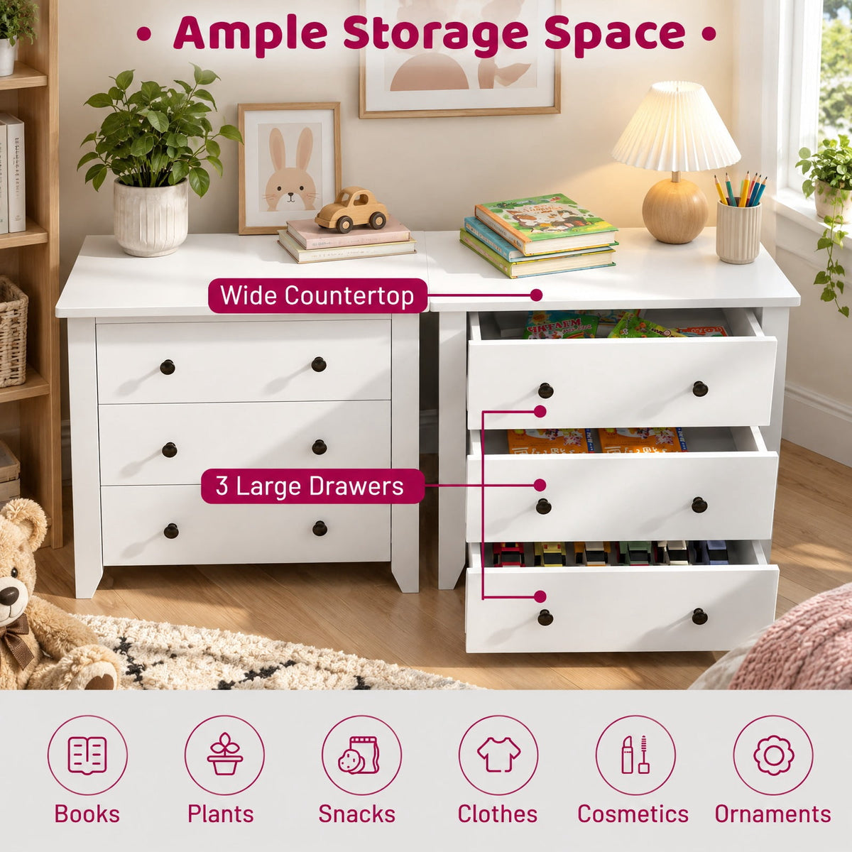 Airfind 3 Drawer Dresser Chest of Drawers Bedside Table, MDF Frame, 28in x 18in x 26in Footprint, White